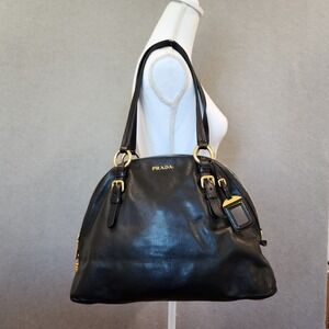 Authenticated Prada Dome Satchel‎ Handbag Black Double Handles Gold Hardware